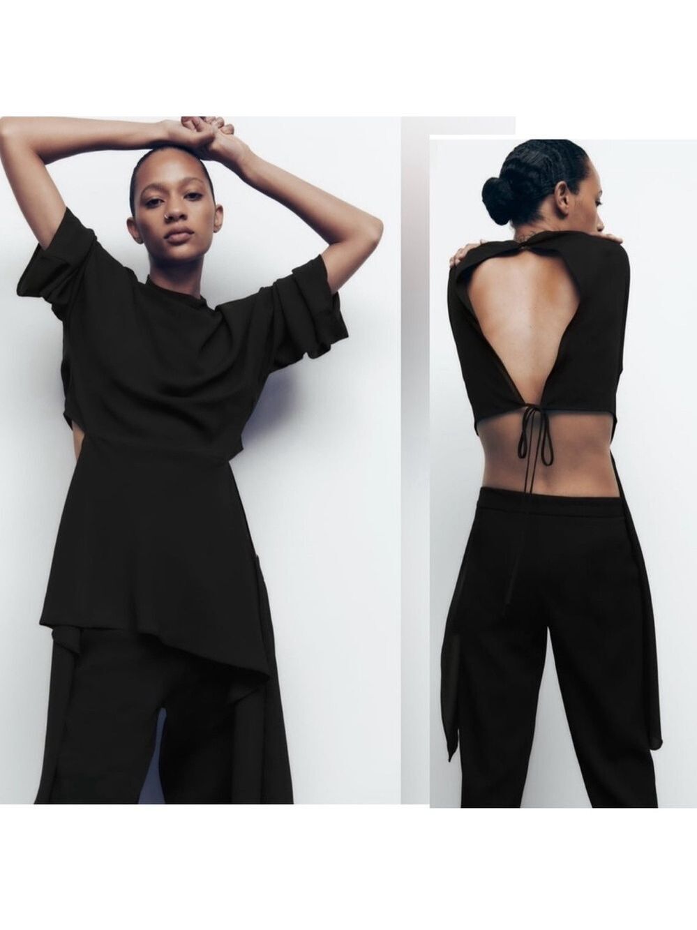 Zara Black Asymmetric Flowing Cut Out Open Back Blouse Top Tie Back NWOT
